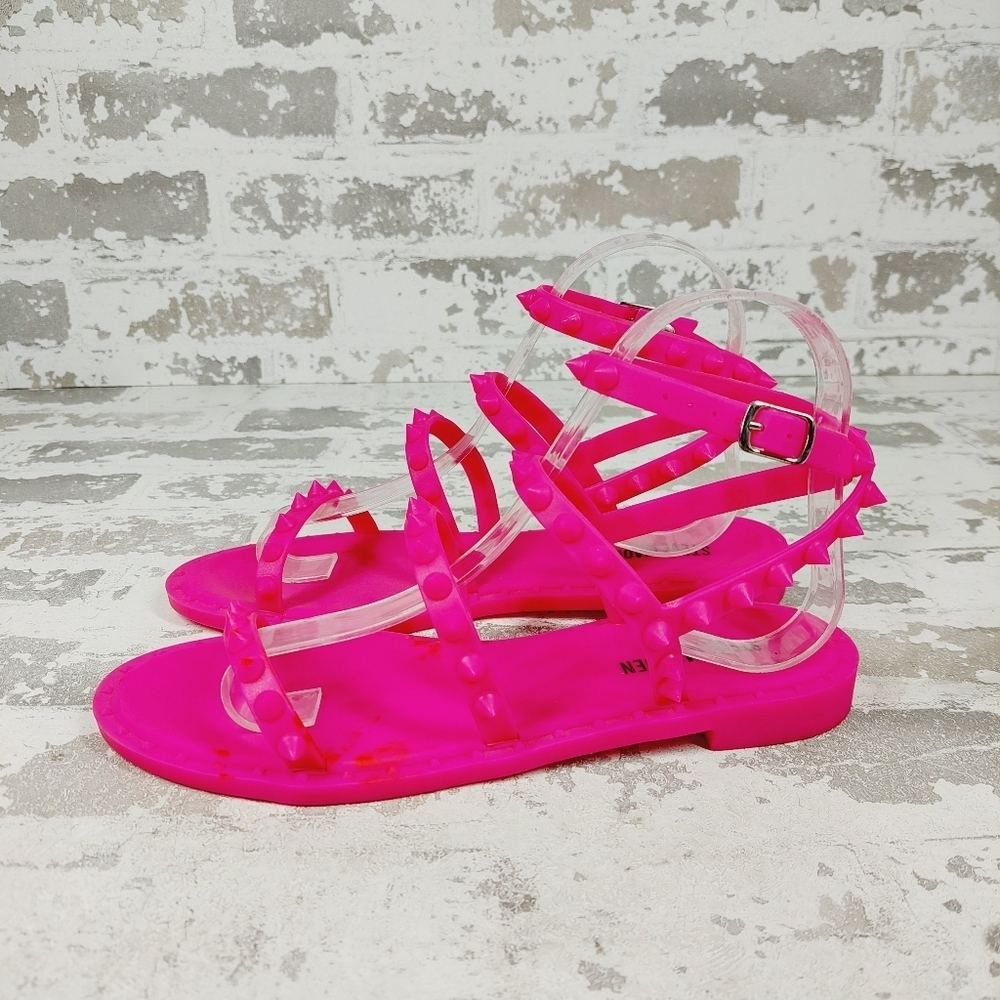 New Steve Madden Neon Barbie Pink Studded Strappy Ankle Wrap Buckle Sandals B254